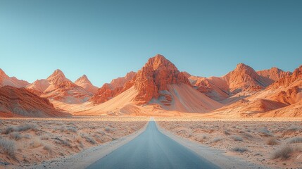 Naklejka premium Desert highway sunrise, red mountains, adventure travel