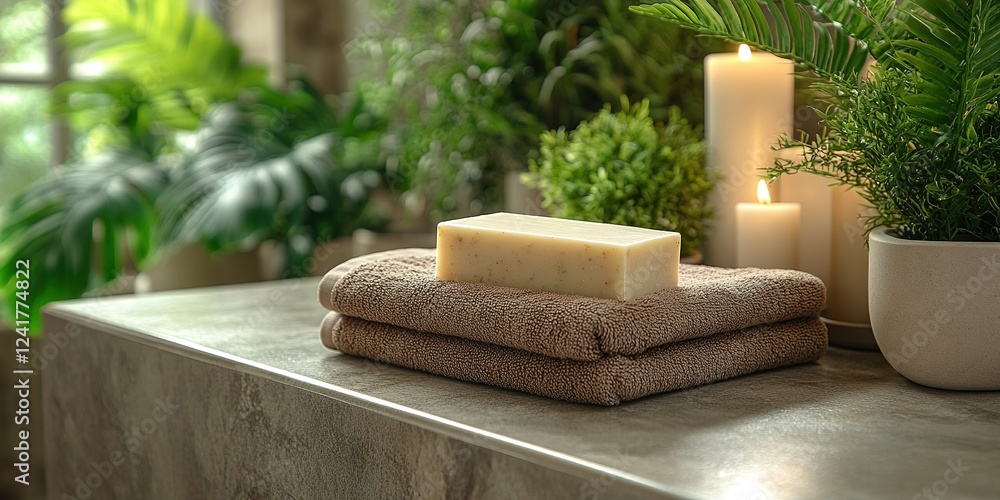 Poster relaxing spa setup with natural soap and soft towels in a serene indoor environment