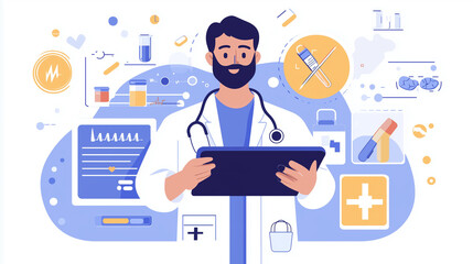 A doctor uses a tablet with a medical application, showcasing digital healthcare innovation.
