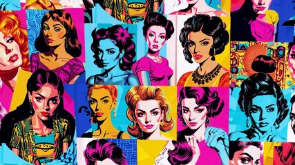 Vibrant collage showcases diverse women posing confidently in a pop art style, with colorful backgrounds and dynamic compositions emphasizing female empowerment and beauty