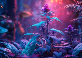 In a peaceful setting, Scutellaria baicalensis, commonly called Chinese skullcap, displays its fine purple blooms against a backdrop of lush green leaves