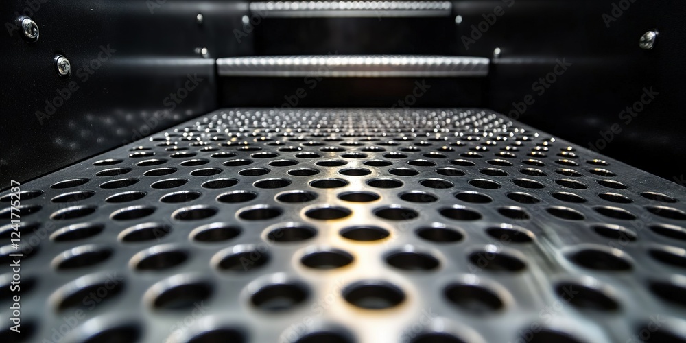 Poster metal surface with perforated design showing depth and texture illuminated by light