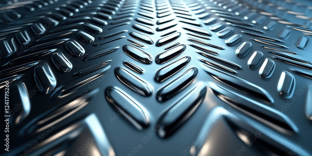 Poster detailed patterns of shiny, metallic surface with diamond tread design reflecting light in a close-u
