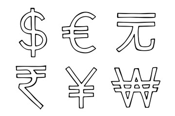 Hand drawn multiple currencies symbol set Dollar euro yuan yen won rupee