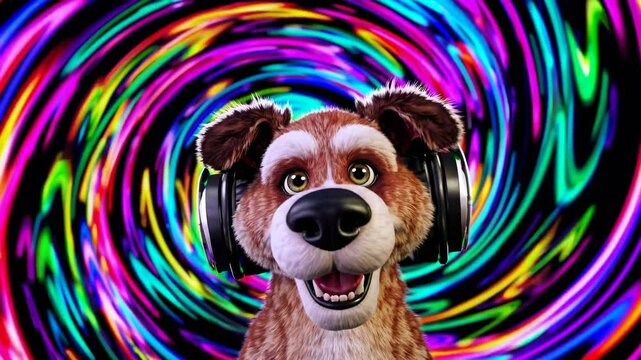 Happy cartoon dog wearing headphones enjoys music against a vibrant, swirling rainbow background, creating a fun and dynamic visual perfect for music, entertainment, or pet-related projects