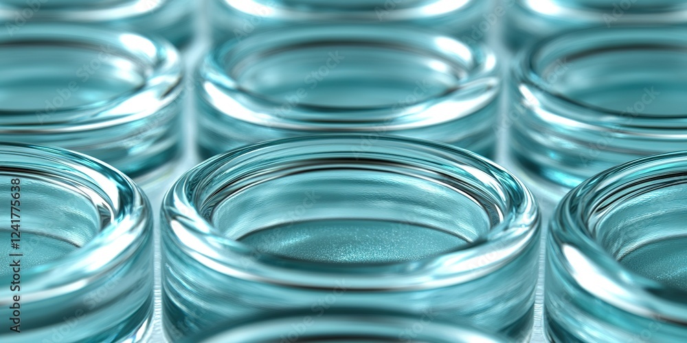 Poster glass containers arranged in neat rows reflect soft light in a bright studio setting