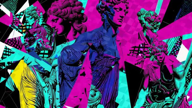 Vaporwave aesthetic collage showcasing brightly colored classical greek sculptures against a backdrop of geometric shapes, creating a vibrant and surreal artistic composition