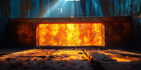 Flames illuminate a dimly lit room showcasing the intensity of a furnace during daylight hours