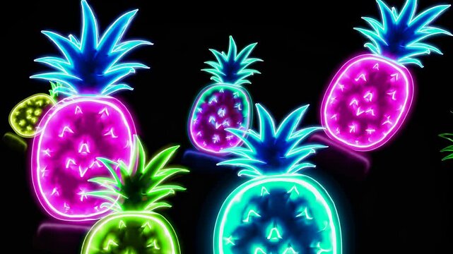 Colorful neon pineapples glow brightly against a dark background, creating a vibrant and tropical atmosphere with an electrifying fruit-themed design