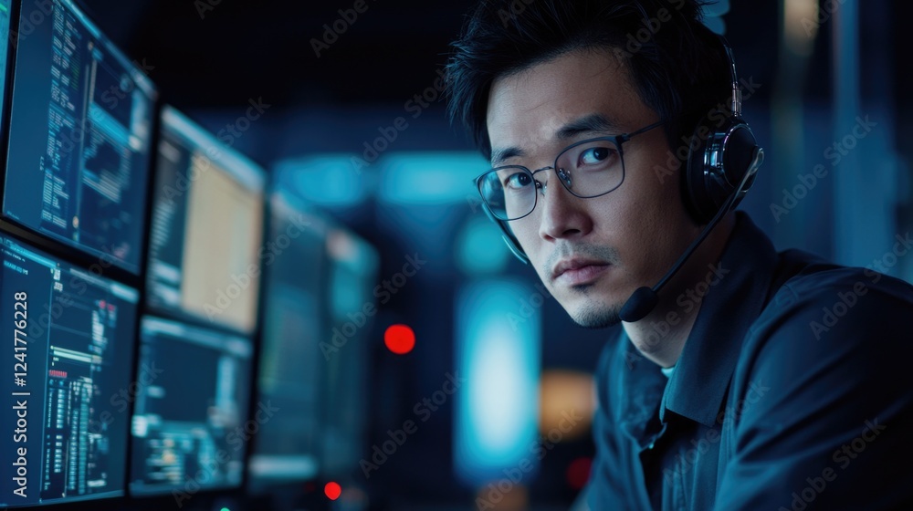 Poster a man wearing a headset in front of multiple computer monitors, focused on his task