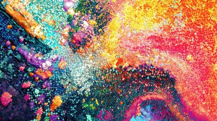 Abstract voxel landscape forming a colorful and dynamic scene, representing innovative manufacturing processes through vibrant colors and intricate details