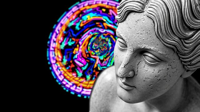 Colorful pixel sorting digital art creates a tunnel vision effect behind a classic white marble bust, blending ancient and modern art styles