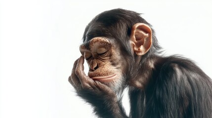 Naklejka premium A chimpanzee is captured in a thoughtful pose, showcasing its expressive features and evoking reflections on consciousness and the emotional complexities of intelligent animals.