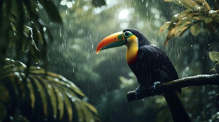 Obraz premium Photograph of a toucan sitting on a branch in a rainforest 