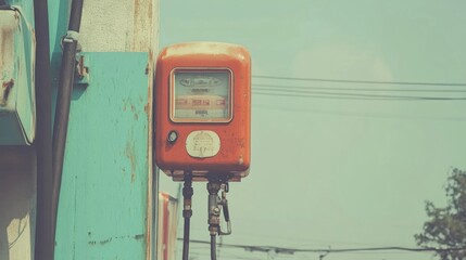 Vintage gas pump, outdoors, urban background, fuel meter