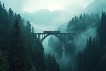 Fototapeta premium A vivid red train navigates the historic Landwasser Viaduct bridge, framed by verdant mountains and a calm valley, in the Europan Albula/Bernina area of Switzerland