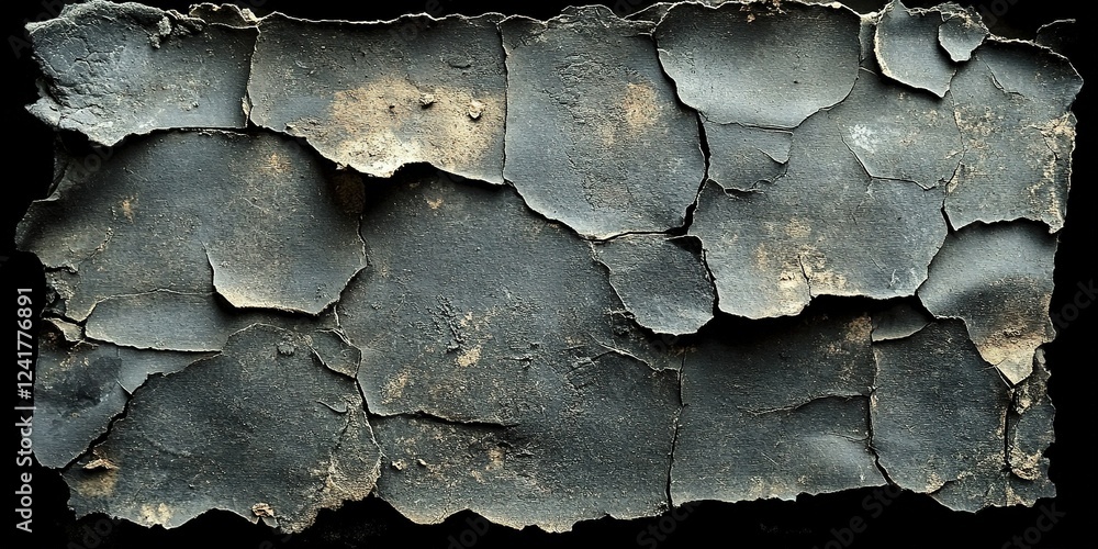 Poster textured surface showing cracked and peeling layers of dark paint or material in a close-up view
