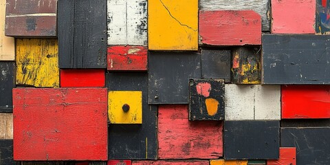 Fototapeta premium Colorful arrangement of wooden panels showcasing artistic texture in a vibrant display of red, yellow, and black hues