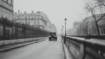 Vintage car driving on Parisian street, foggy day, historical architecture background, travel photo
