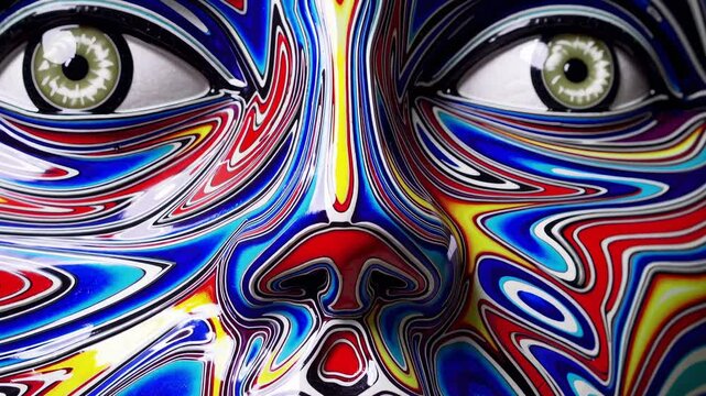 Colorful head with swirling paint patterns represents artificial intelligence, creativity, and diversity, set against a vibrant green screen for easy compositing and customization