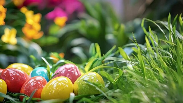 Colorful Easter eggs hidden in a lush garden for an egg hunt