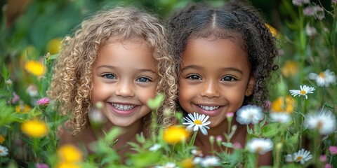 Two smiling girls with curly hair playing amidst colorful wildflowers in a sunny garden during springtime