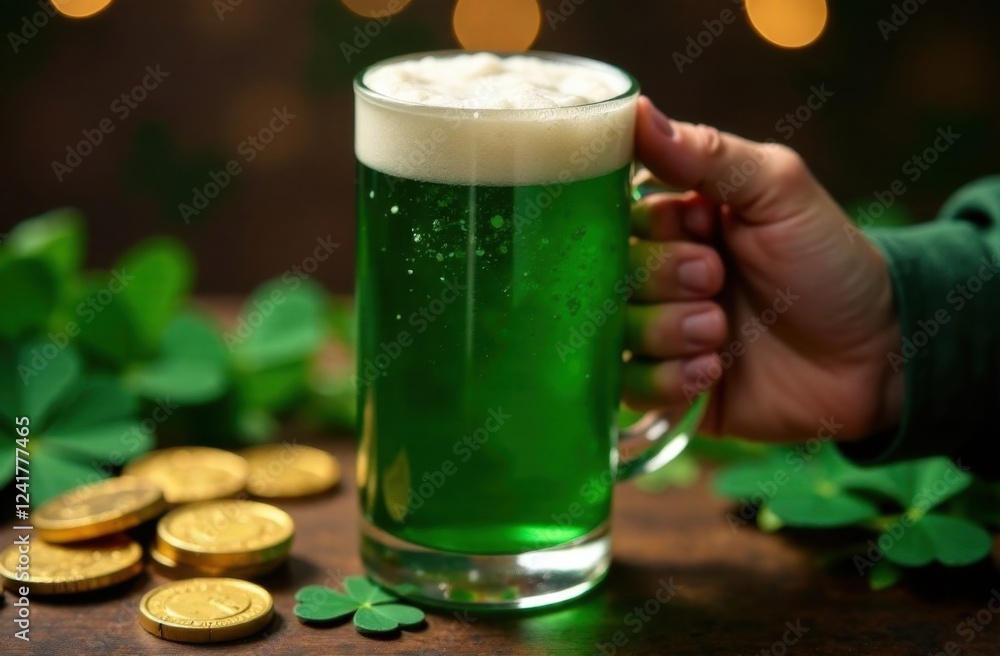 Wall mural A hand holding a frothy pint of green beer, raised in a celebratory toast. st Patrick day