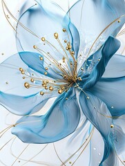   A blue flower with gold stamens on its petals is in the center of the image