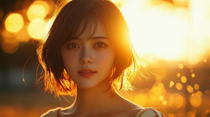 Woman sunset portrait, bokeh background, outdoor