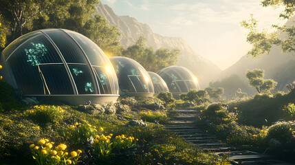 Visualization of solar panels as a core element of a carbon-neutral ecosystem, producing clean energy for all.