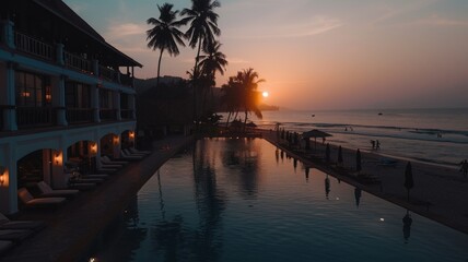 Fototapeta premium Hotel luxury outdoor swimming pool. Paradise. Tourism. Travel. Relaxation. Calmness. Vacation. 