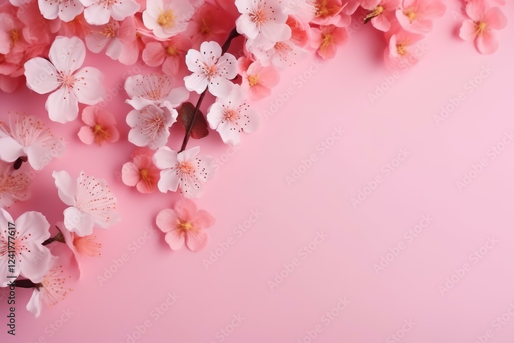 Poster beautiful blooming cherry blossom branches arranged on a pink background, creating a serene and eleg