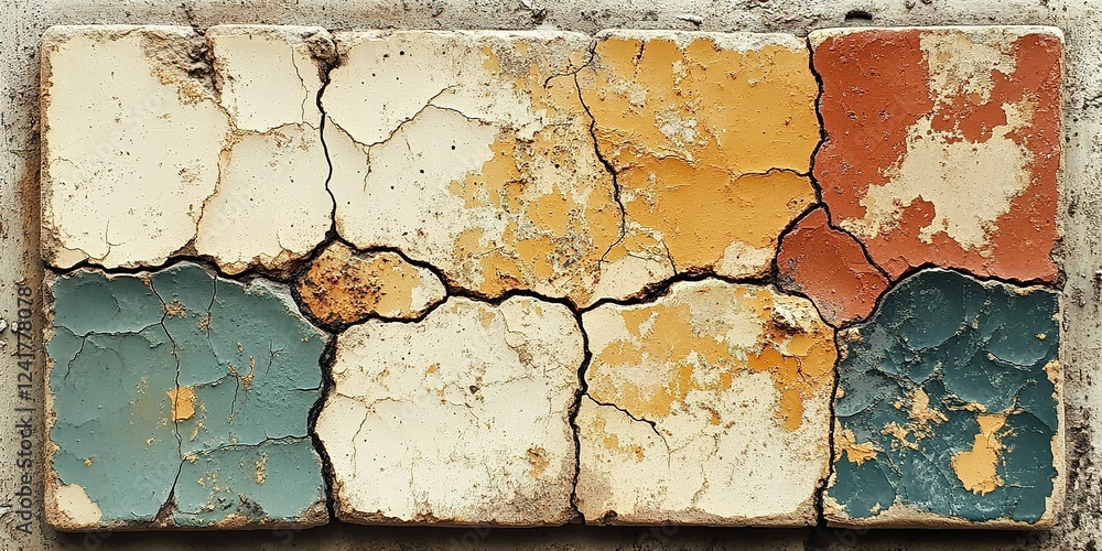 Poster old cracked tile with colorful patterns rests on a concrete surface highlighting wear over time and 