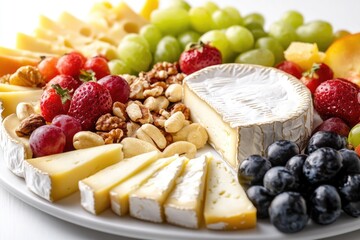 A colorful arrangement of cheese, grapes, strawberries, and nuts on a platter