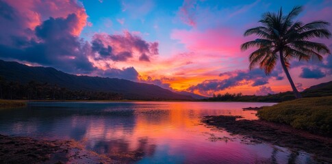 Fototapeta premium In Coral Springs, Florida, the tranquil lake reflects a serene sunset, framed by the lush green palm trees and vibrant tropical foliage