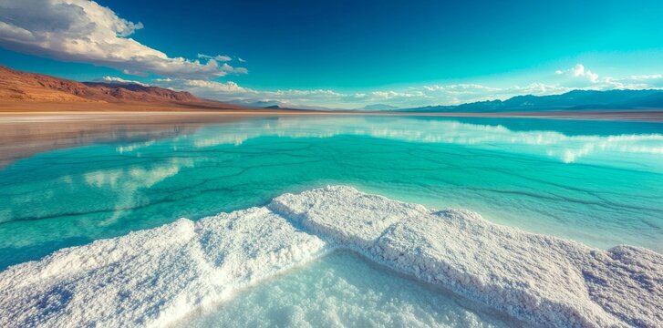 In South America's Atacama Desert, a brilliant white salt lake reflects the blue sky, juxtaposed with lithium mining machinery against a barren backdrop