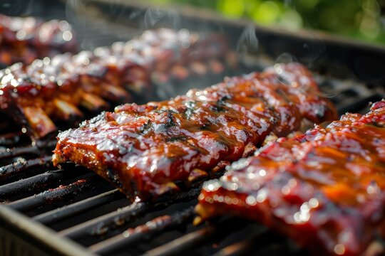 Barbecue pork baby back ribs cooking and smoking on a hot grill