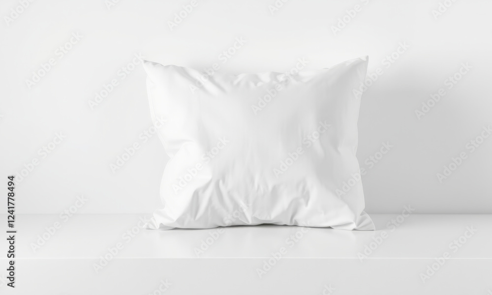 Poster plain white pillow on minimalist shelf, perfect for mockups and designs. its soft texture and simple