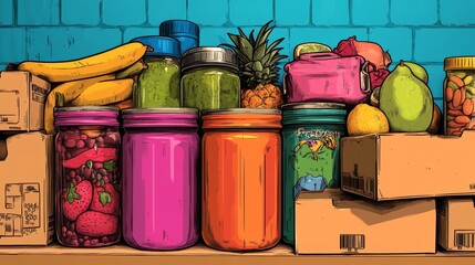 Various foods and groceries are organized on tables, with open boxes and packing supplies close by, getting ready to be assembled for charity or food bank contributions