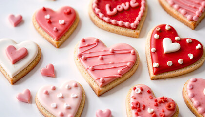 Row of heart-shaped cookies with the word LOVE written on them. The cookies are decorated with pink icing and sprinkles, giving them a festive and romantic appearance