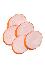 Delicious fresh ham cut into round slices with salt, spices and herbs