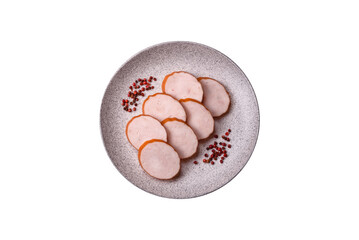 Delicious fresh ham cut into round slices with salt, spices and herbs
