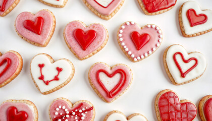 Row of heart-shaped cookies with red icing and white icing. The cookies are arranged in a row on a white background