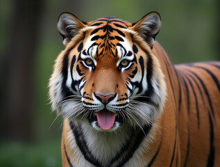 Fototapeta premium Majestic tiger displaying stunning fur patterns in a lush forest environment during daytime