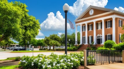 Naklejka premium Town Hall on a Sunny Day - A beautiful town hall building on a sunny day with lush green trees and white flowers in the foreground. A peaceful and prosperous scene.
