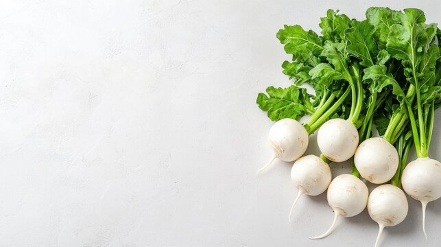 Fresh white radishes with greens on light background, food photography, recipe blog