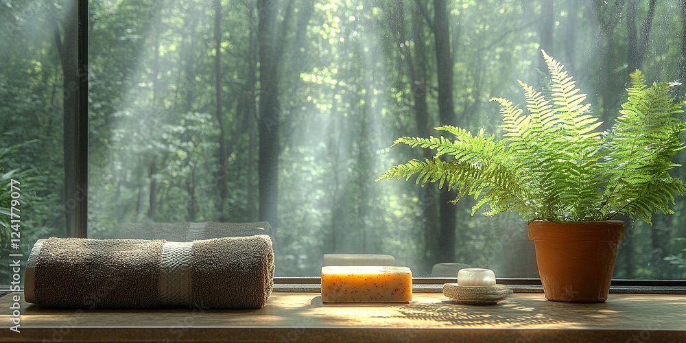 Poster serenity in nature with soft sunlight filtering through trees and a peaceful indoor setup featuring 