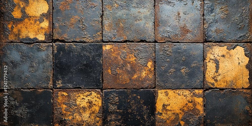 Poster rusty metal tiles arranged in a grid pattern showcasing varying textures and colors in an industrial