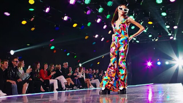 Fashion model wearing colorful jumpsuit, sunglasses and platform shoes walks the runway during a fashion show with audience clapping and colorful lights