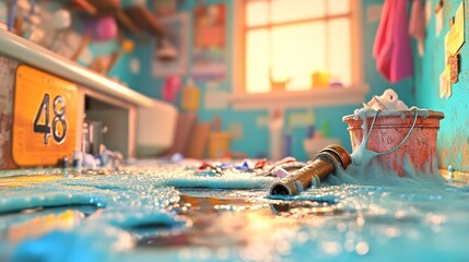 Spilled water from the sink meets the floor amidst a jumble of tools and pipes, with a burst pipe in view, emphasizing the need for prompt repair